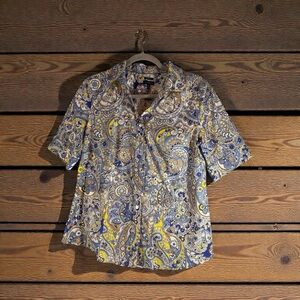 Talbots Size 10 Button Down Shirt Yellow Blue Paisley Short Sleeve No Iron